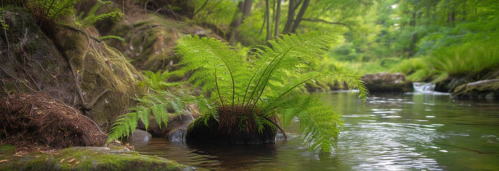 Fern leaf in a water stream.